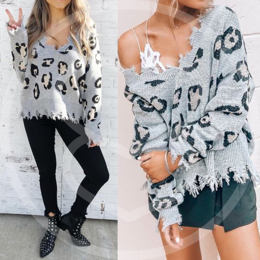 Leopard print v neck frayed Distressed Sweater